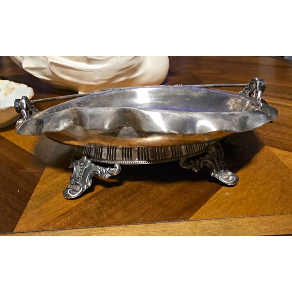 Antique Silverplate Oval Footed Serving Bowl with Side Handles, Silverplate